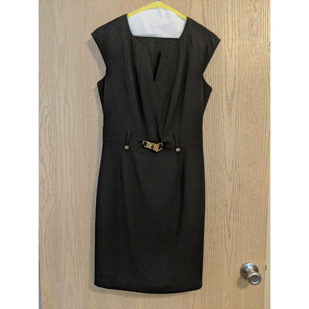 Calvin Klein Women's Shift Sheath Black Dress (LBD) With Gold Hardware ~ Size 6